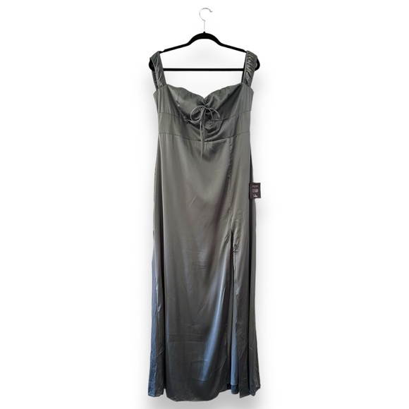 NWT Lulu’s Slate Blue Remarkably Dreamy Satin Off Shoulder Maxi Dress HOCO XL - Picture 2 of 16